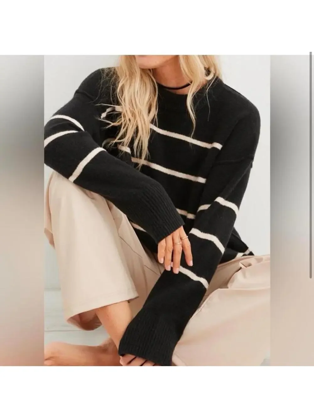 Aerie Unreal Crewneck Sweater in Black and Cream Striped Women’s XS Oversized - Picture 1 of 10